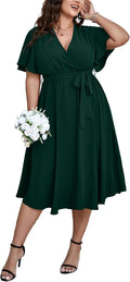 Womens Plus Size Wrap Midi Dress - Flowy Summer Wedding Guest