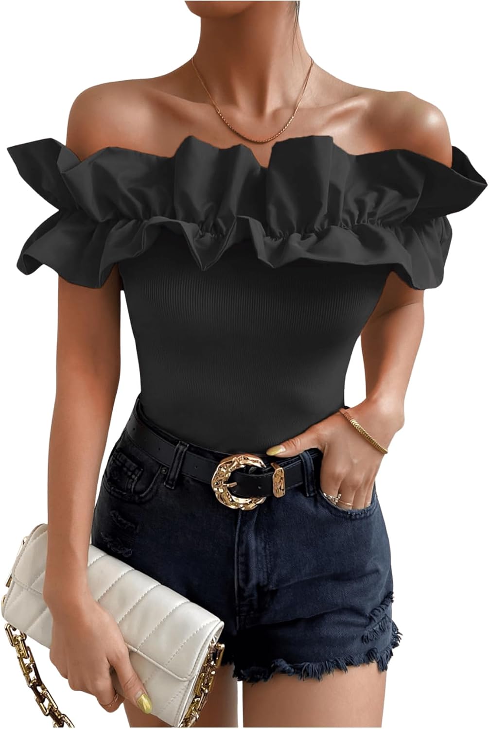 OYOANGLE Women's Ruffle Trim Off Shoulder Blouse for Parties