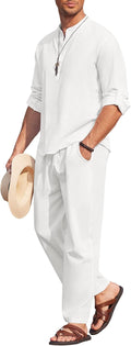 COOFANDY Men's Cotton Linen 2-Piece Henley Set - Lightweight Summer If