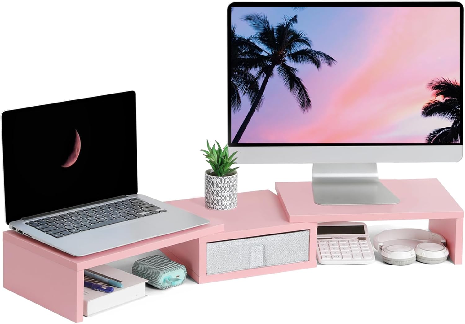 TEAMIX Pink Dual Monitor Stand Riser for Adjustable Desk Use