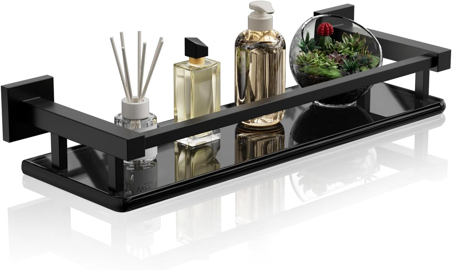 Alise Bathroom Glass Shelf with Stainless Steel Railing, 16 in