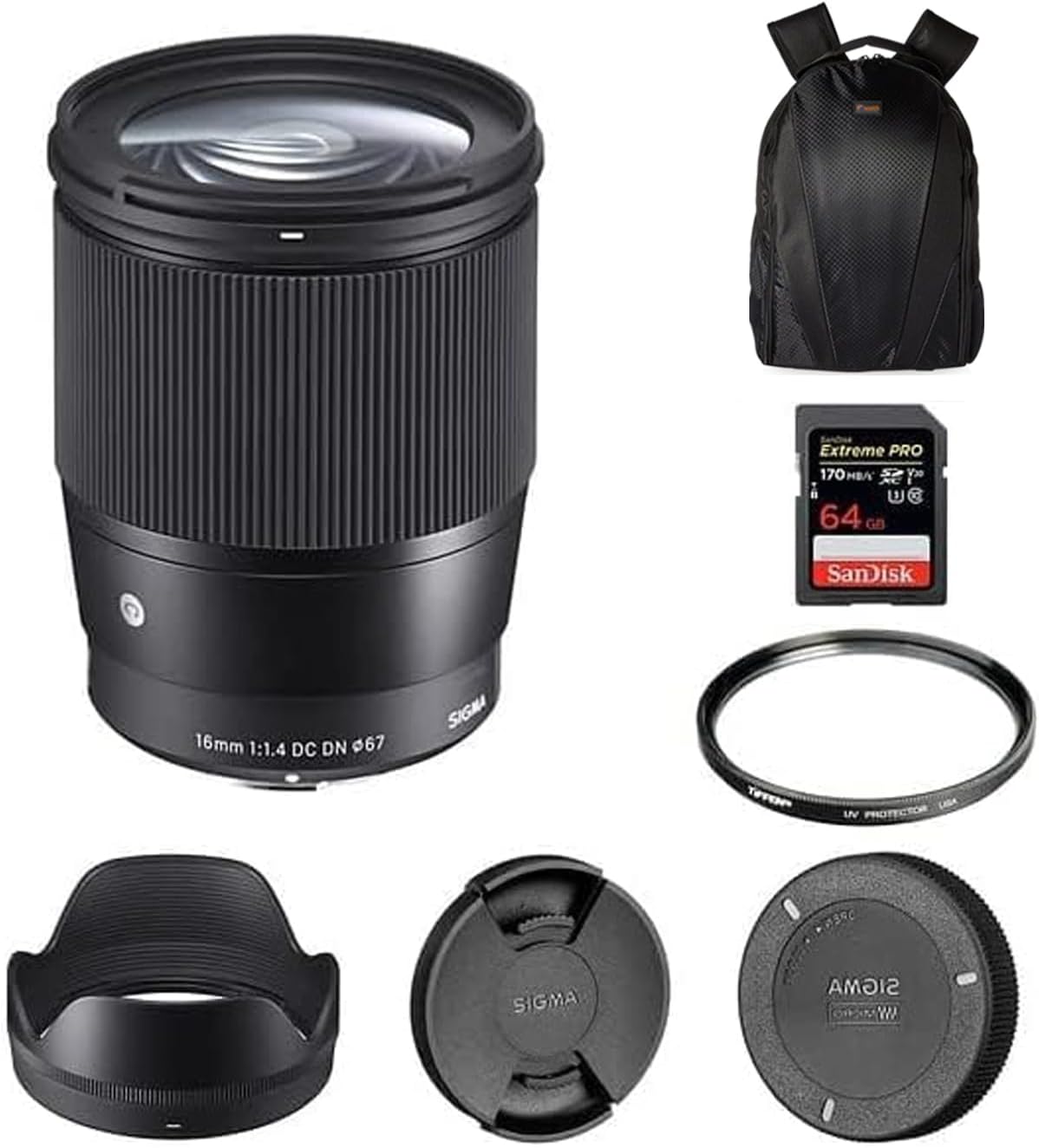Sigma 16mm f/1.4 DC DN Lens with Tiffen Filter and Accessories