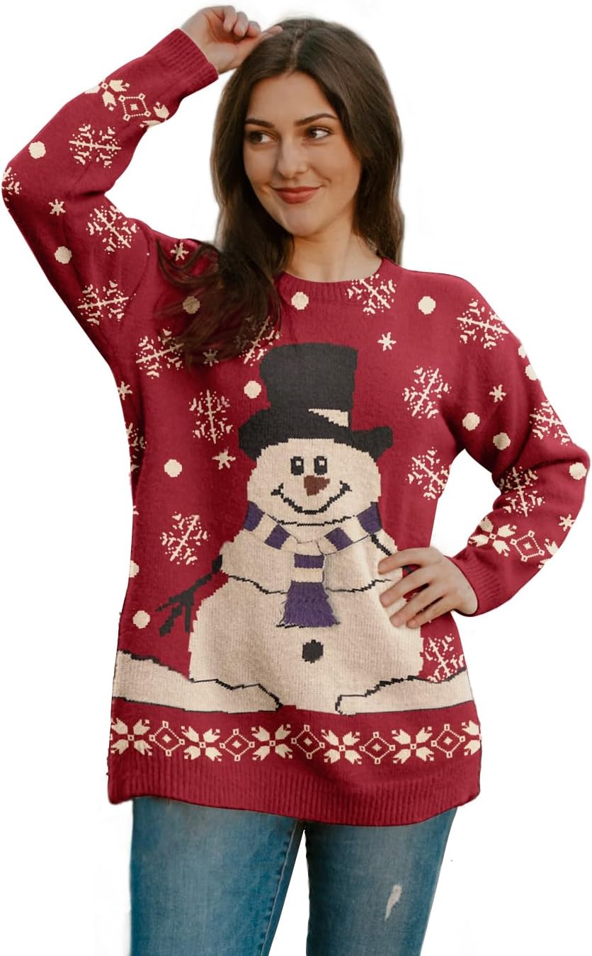 YESNO Women Christmas Sweater Graphic Printed Oversized Pullover