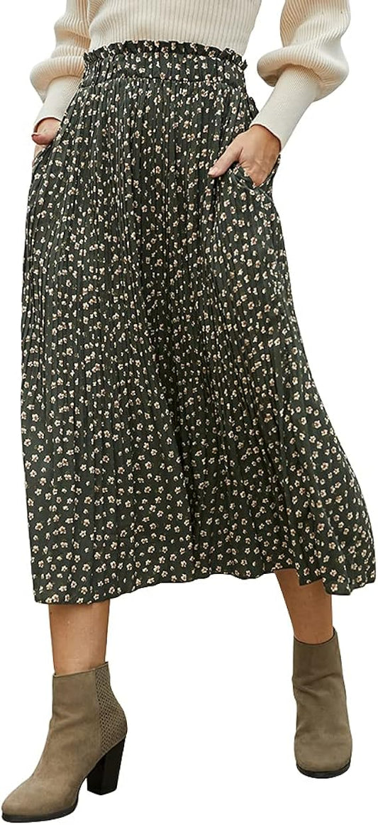 EXLURA Womens High Waist Polka Dot Pleated Midi Swing Skirt