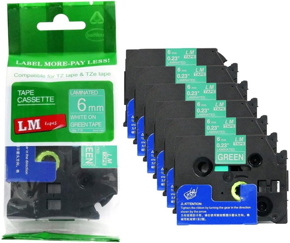6/Pack LM Tapes - Premium 1/4in White Print on Green Label