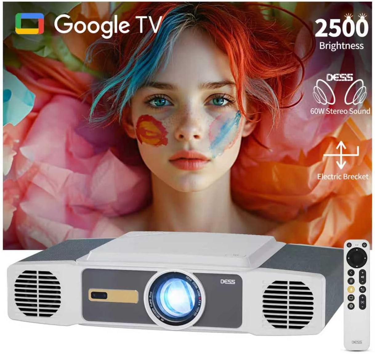 DESS Projector: 60W Big Stereo Sound & 2500 Brightness