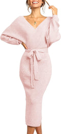 Women Long Maxi Sweater Dress with Wrap V Neck and Belt - Flattering