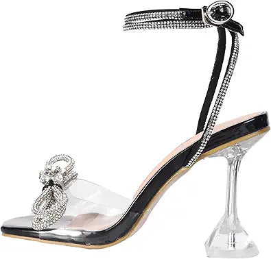 Yolkomo Women's Square Toe Clear Heels with Rhinestone Bow