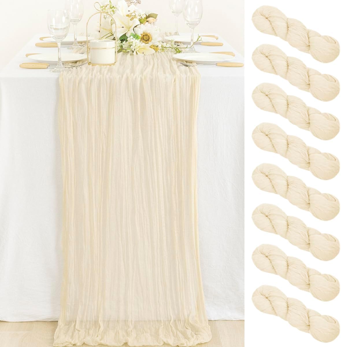 MLMC 8 Pack Beige Cheesecloth Table Runner for Rustic Decor