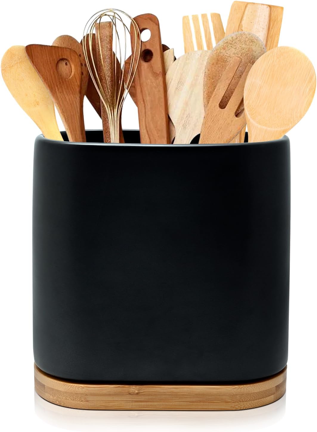 Large Ceramic Utensil Holder for Countertop with Bamboo Base