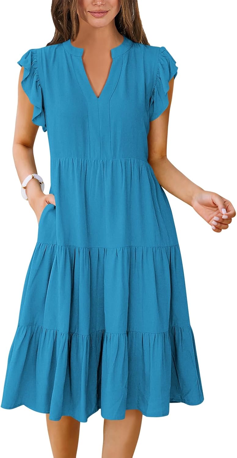 Womens Summer Dress Ruffle Sleeve V Neck Midi Casual Sundress