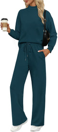 Two Piece Sets for Women Mock Neck Lounge Set - Wide Leg Pants