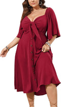 Plus Size Summer Dress for Women - Tie Front Deep V Midi Flowy