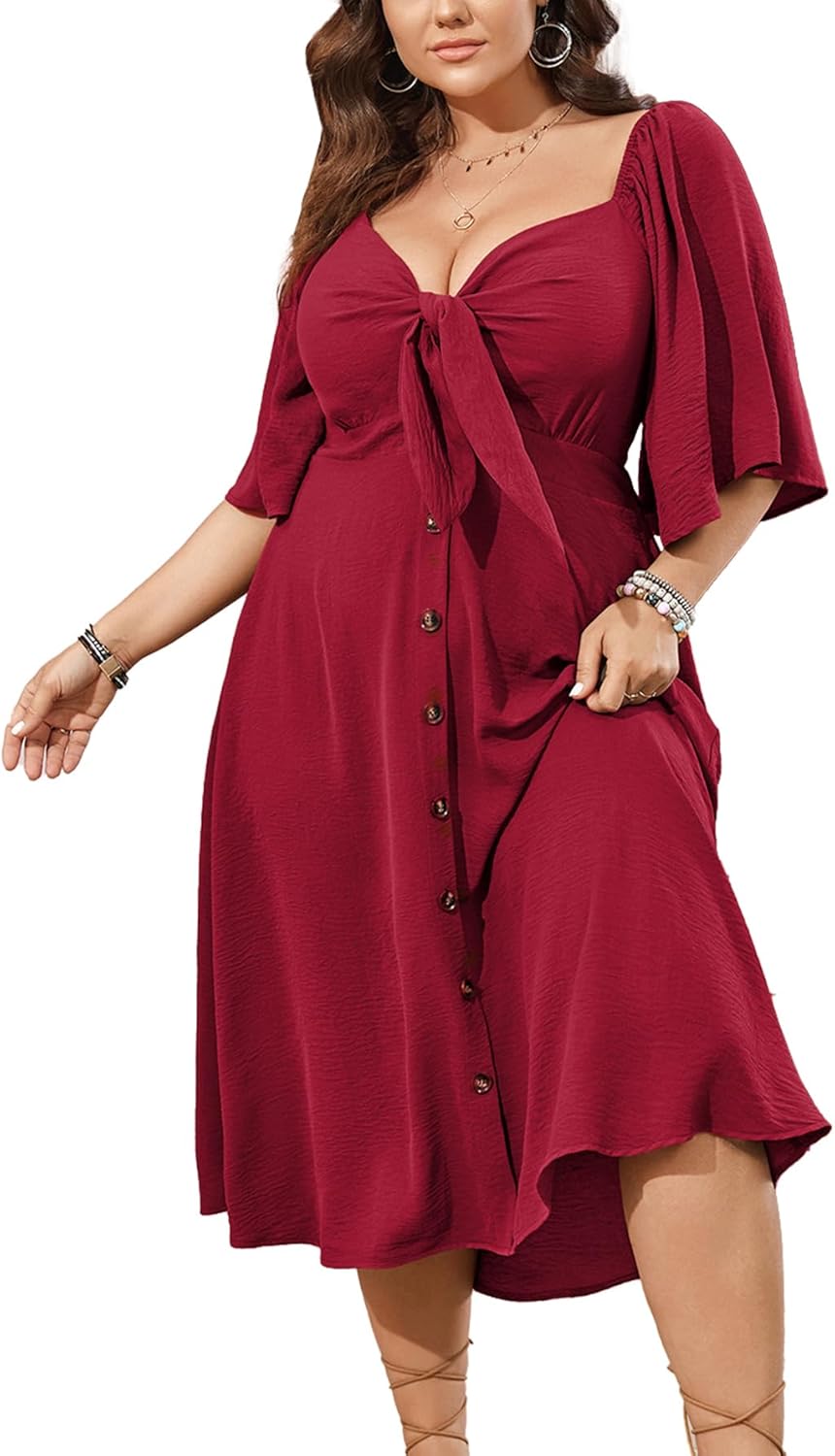 Plus Size Summer Dress with Deep V Neck and Bow Tie Design