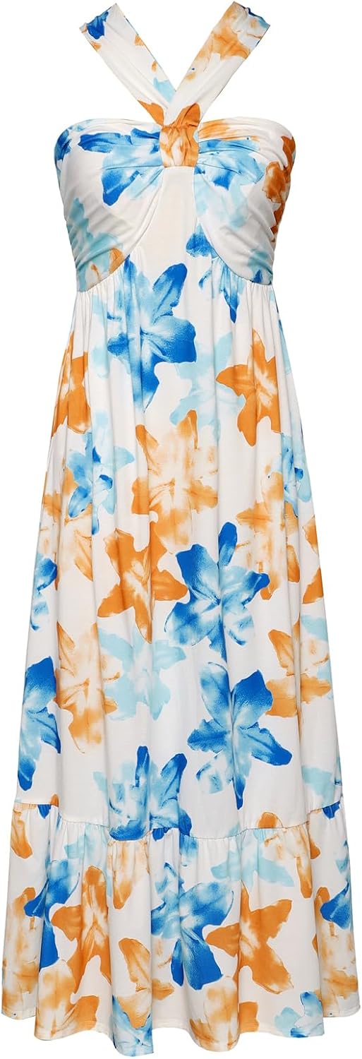 Women's Criss Cross Halterneck Floral Print Maxi Dress for Summer