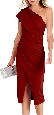 Stylish One Shoulder Midi Dress for Elegant Wedding Guests