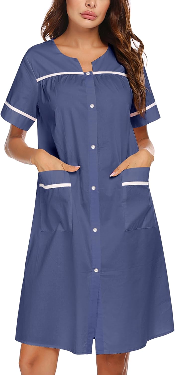 Ekouaer Sleepwear Womens Snap Front Nightgown Housecoat Cotton