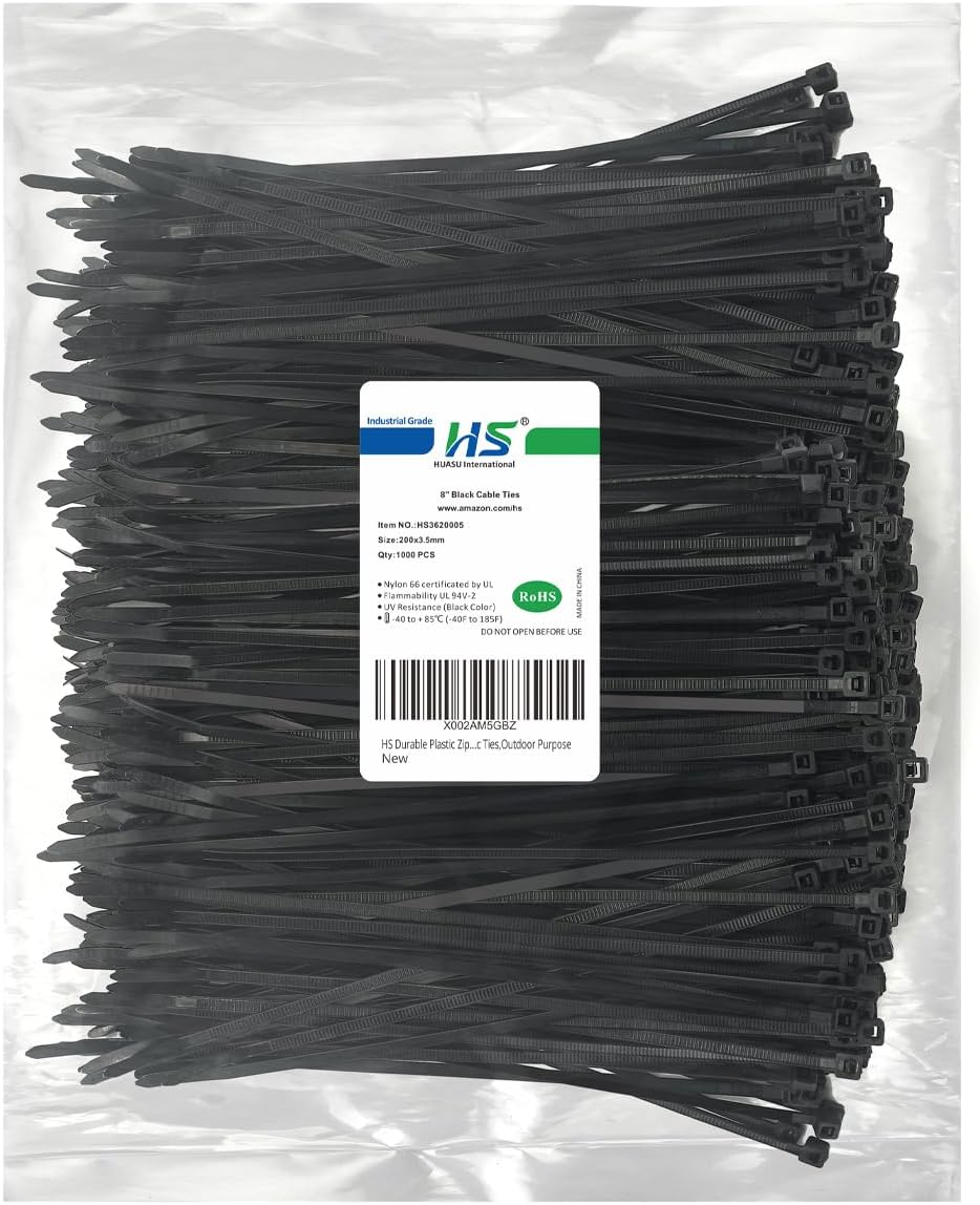 1000Pack HS 8 UV Black Zip Ties - 40lbs Strength