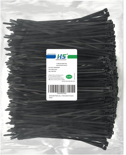 1000Pack HS 8 UV Black Zip Ties - 40lbs Strength