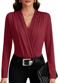 LYANER Women's Ruched Long Sleeve Wrap V Neck Bodysuit Top