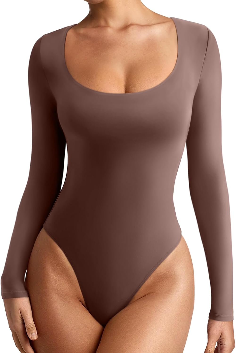 REORIA Women's Sexy Scoop Neck Long Sleeve Bodysuit Tops