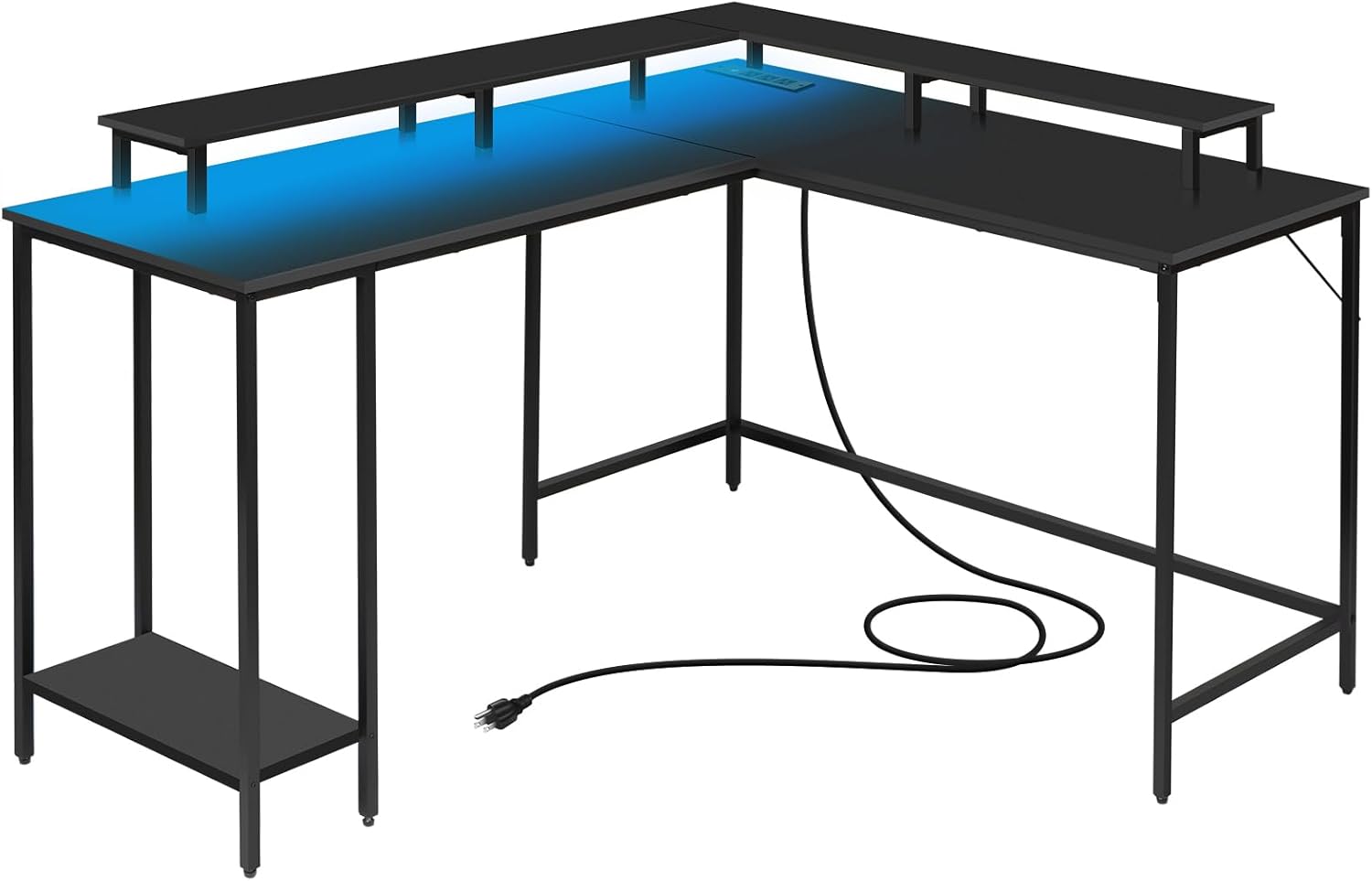 Panana L-Shaped Desk: LED Lights, Power Outlet, Monitor Stand