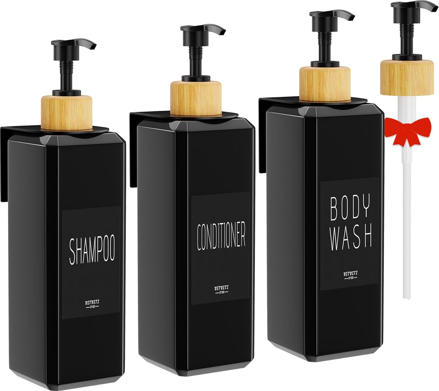 Refillable Shower Dispenser Set - Stylish Bamboo Design