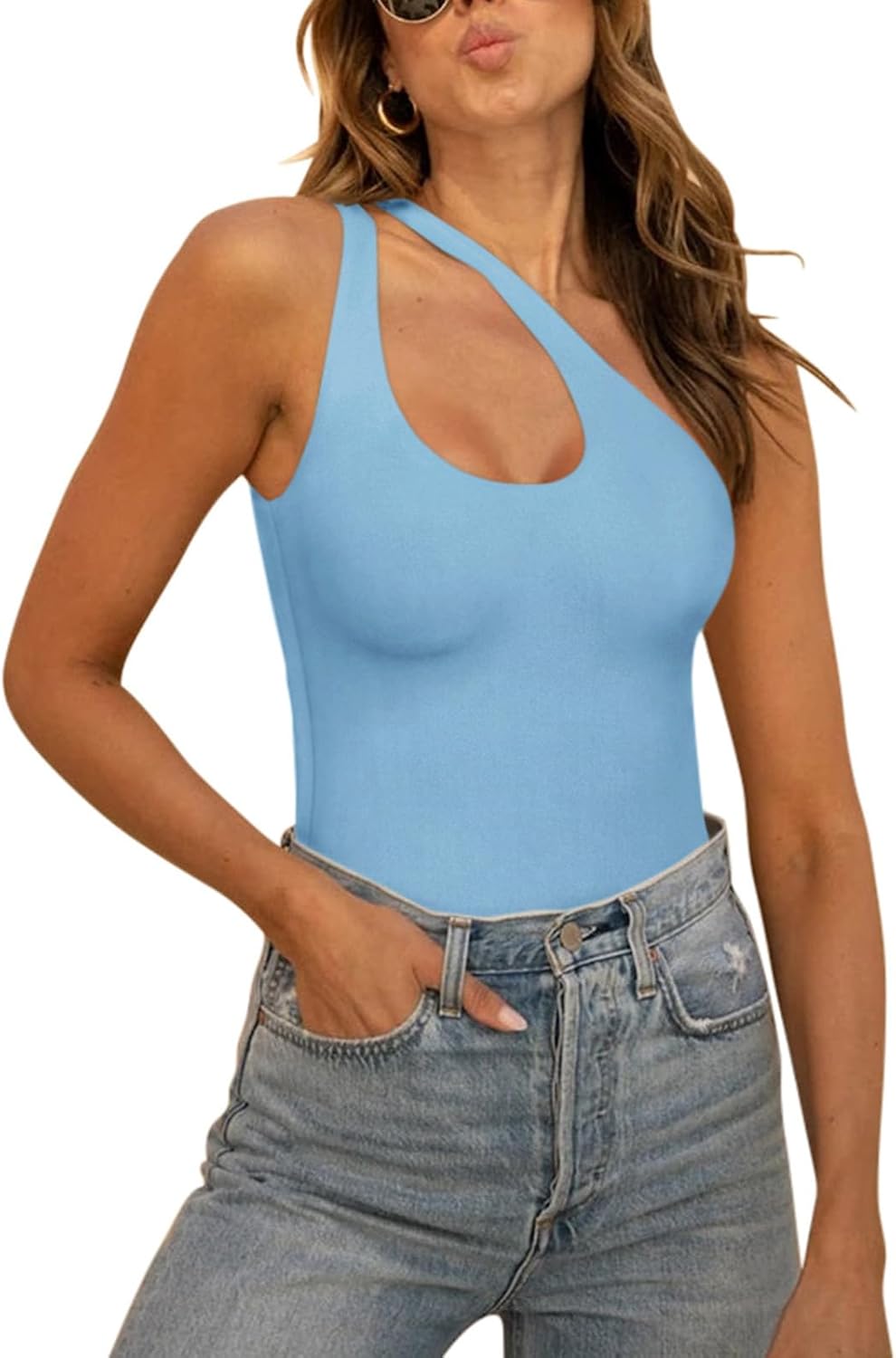 Trendy Sexy Plunge One Shoulder Sleeveless Bodysuit for Women