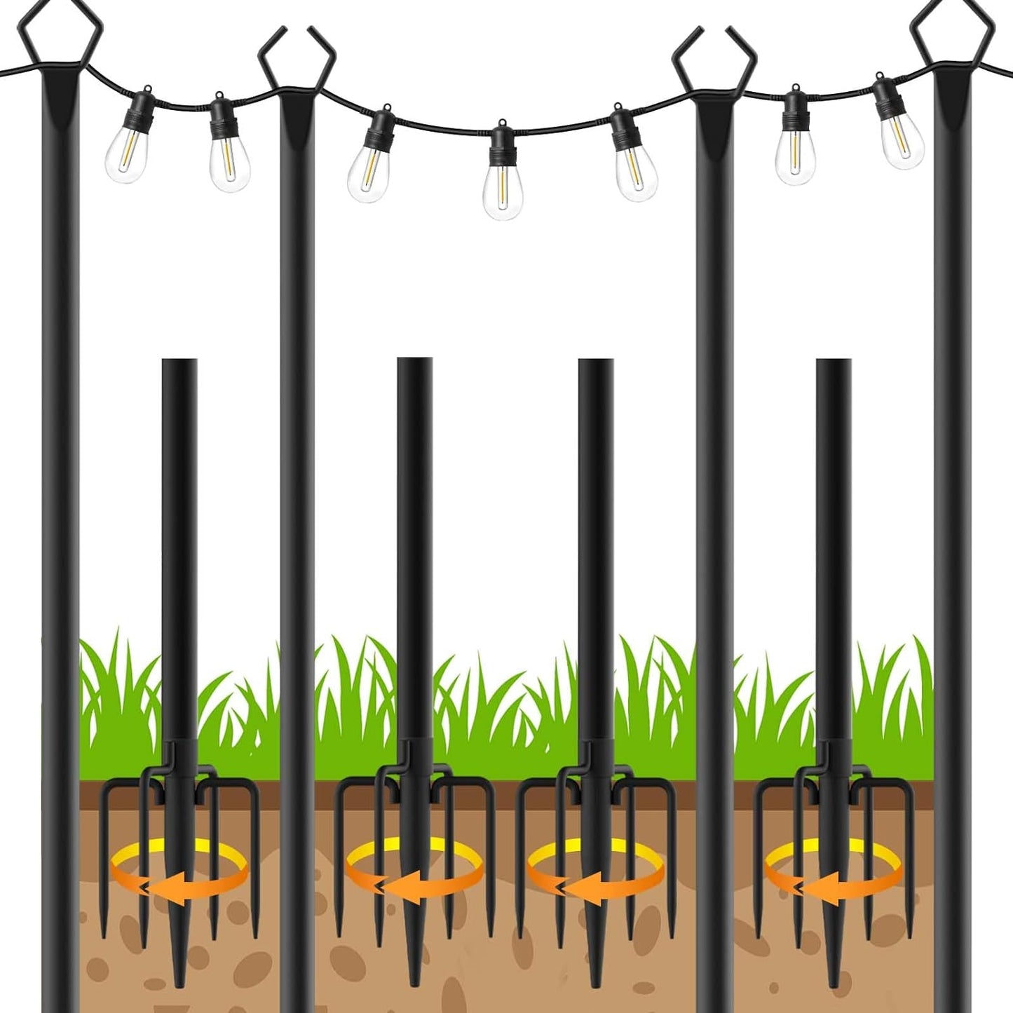 10Ft String Light Poles for Outdoor Use - Heavy Duty Metal Set