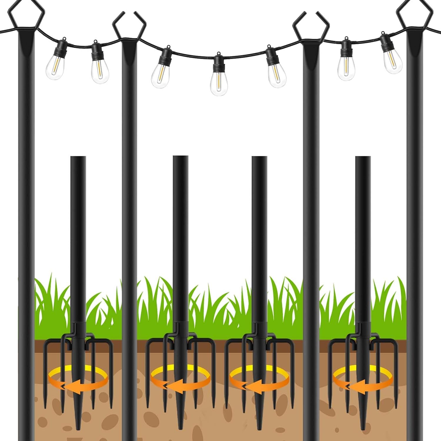 10Ft String Light Poles for Outdoor Use - Heavy Duty Metal Set