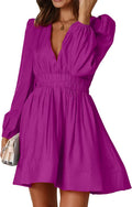Mini Deep V Dress for Women - Flowy Long Sleeve A-line Mini