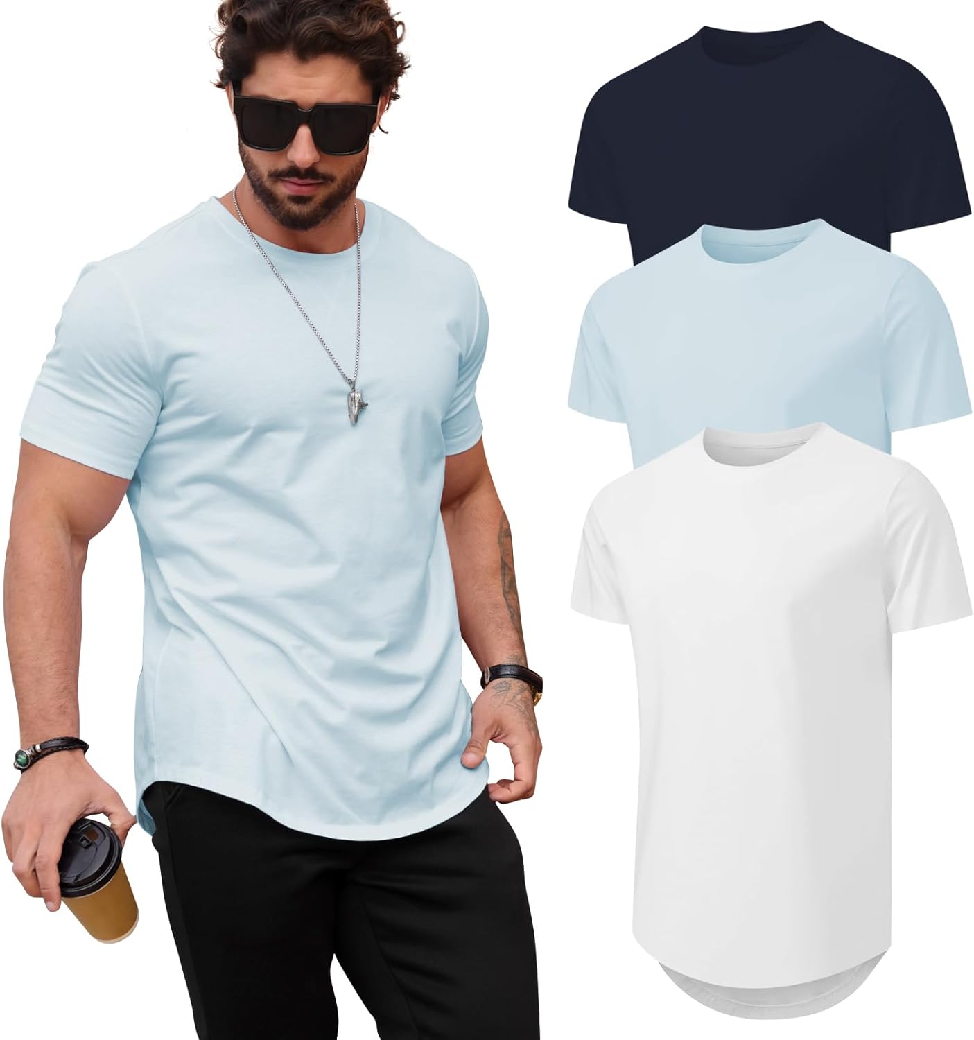 Mens Casual Hipster Longline Crewneck Tee Shirts for Style