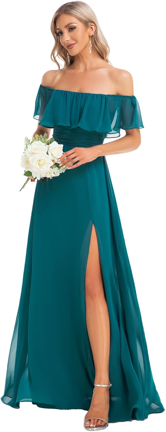 Elegant Off The Shoulder High Waist Flowy Chiffon Maxi Dress