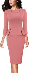 Womens Pleated Crew Neck Peplum Sheath Dress - Office Tailored Fit