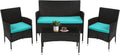 FDW Rattan Bistro Set 4-Piece with Blue Cushions - Compact Patio