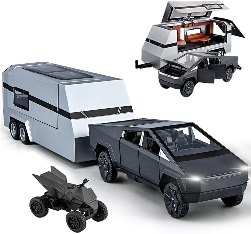 Pickup Trailer RV Model Toy with Motorcycle for Kids and Collectors