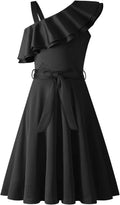 Girls One Shoulder Ruffle Trim Dress with Belted Pockets - Ages 5-12