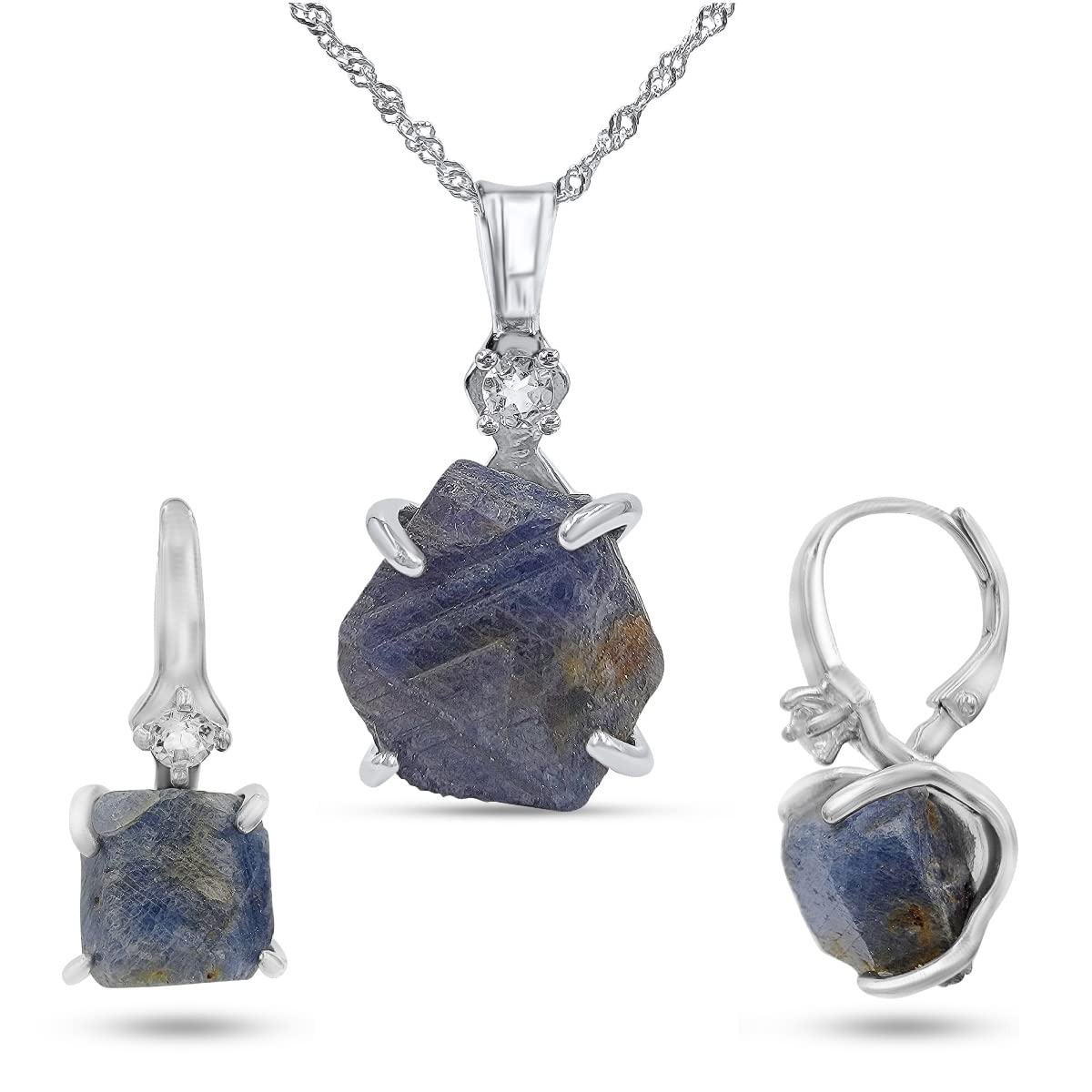 Real Raw Blue Sapphire Drop Earrings and Necklace Set Gift
