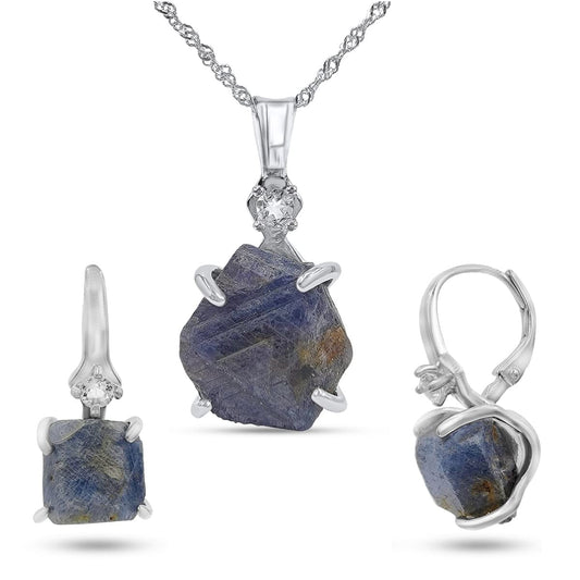 Real Raw Blue Sapphire Drop Earrings and Necklace Set Gift