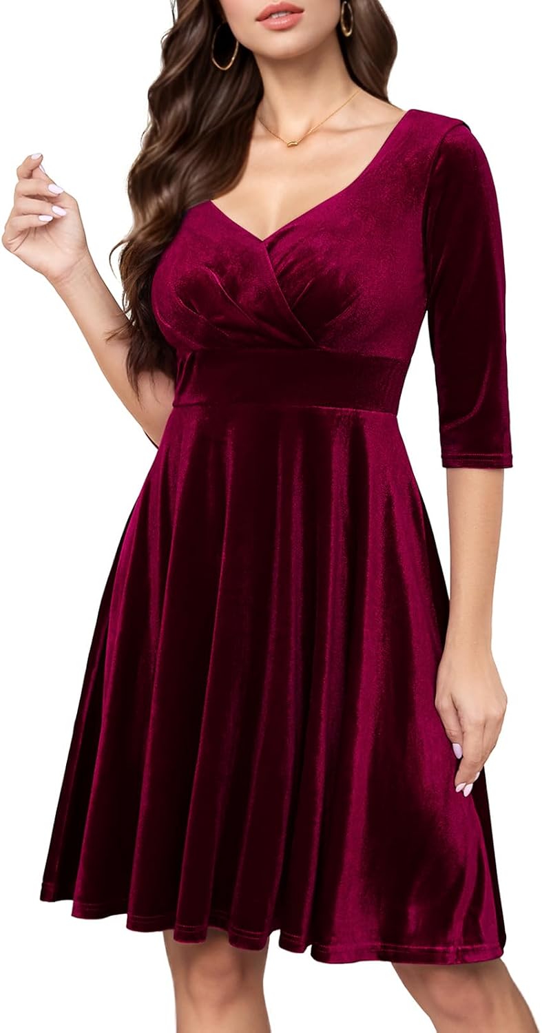 Elegant Velvet Midi Dress for Wedding Guests and Parties