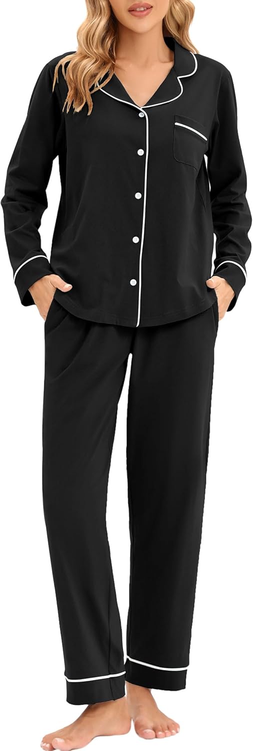 LUBOT 100% Cotton Pajamas for Women - Soft Button-Down Set
