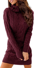 Langwyqu Womens Cable Knit Sweater Dress - Slim Turtleneck Mini Dress