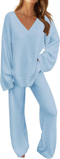 MEROKEETY Women's Fuzzy Fleece Pajama Set - Cozy Wide Leg (Style MJVR)