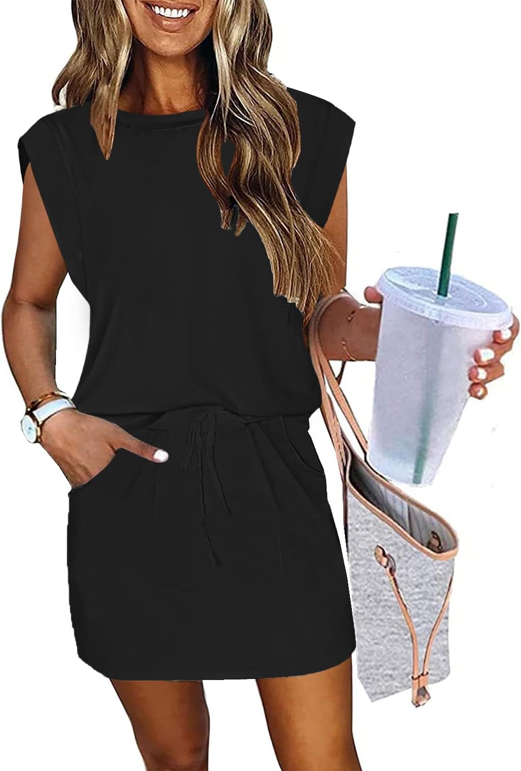 Womens Cap Sleeve Summer Dress with Tie Front and Pockets