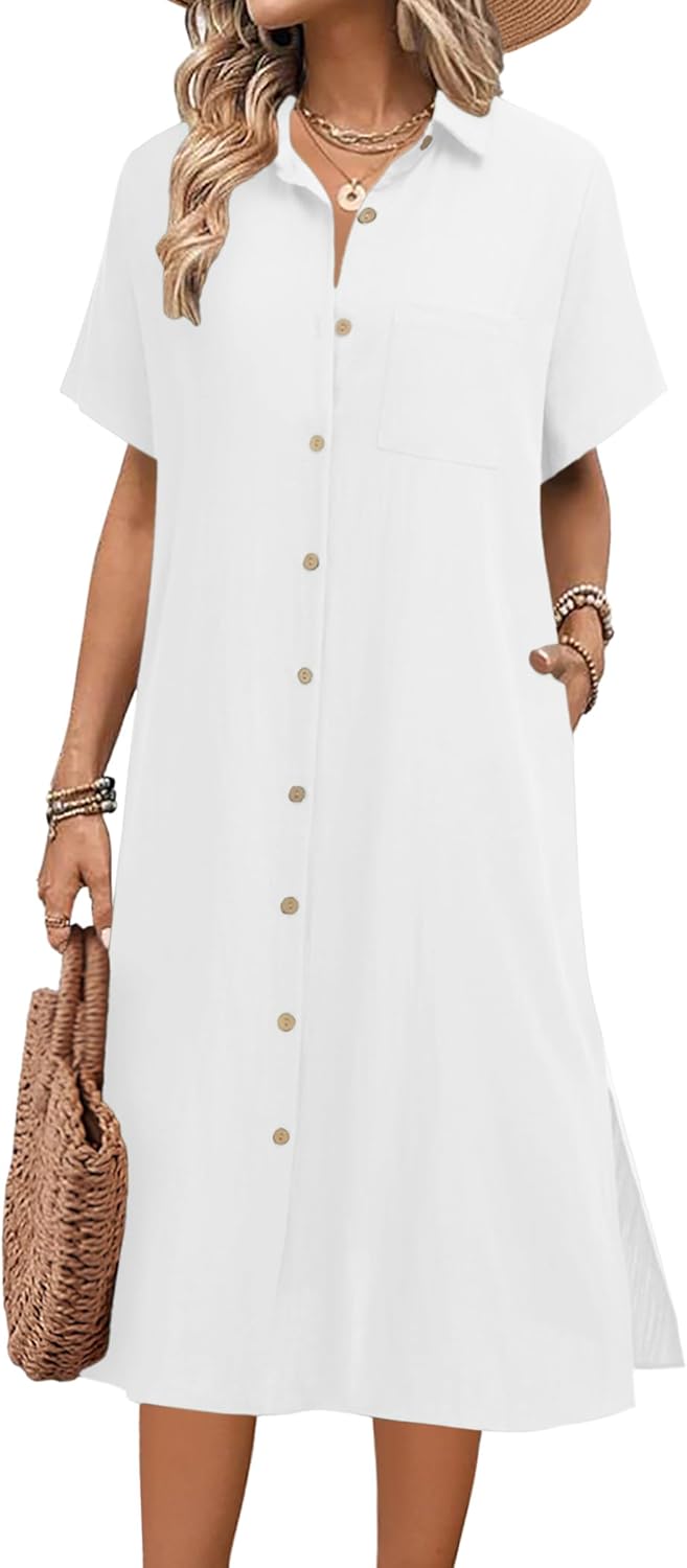 HOTOUCH Womens Summer Dress Casual Midi Short Sleeve Shirt Dress