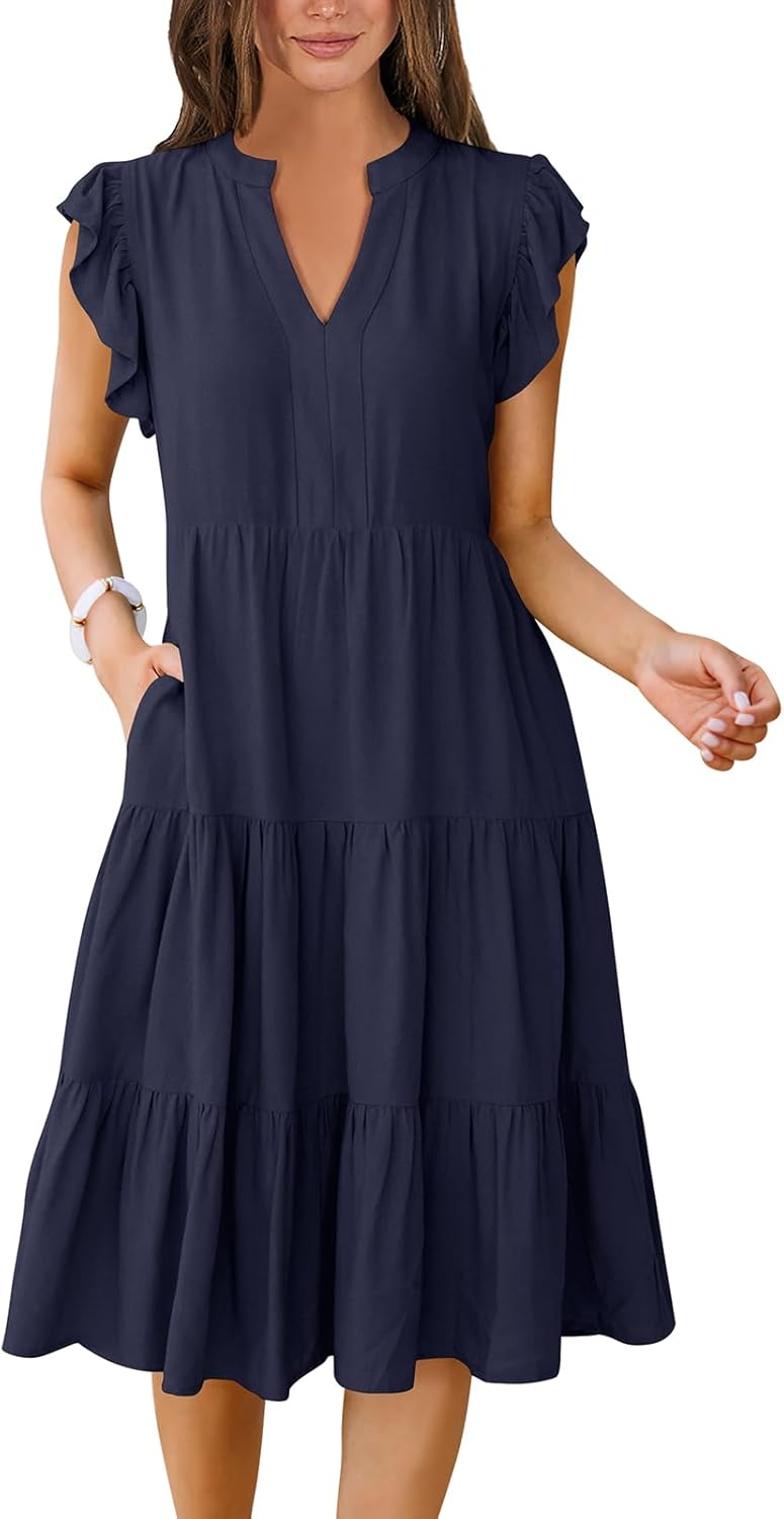 ANRABESS Womens Summer Dress Ruffle Sleeve V Neck Midi Fashion