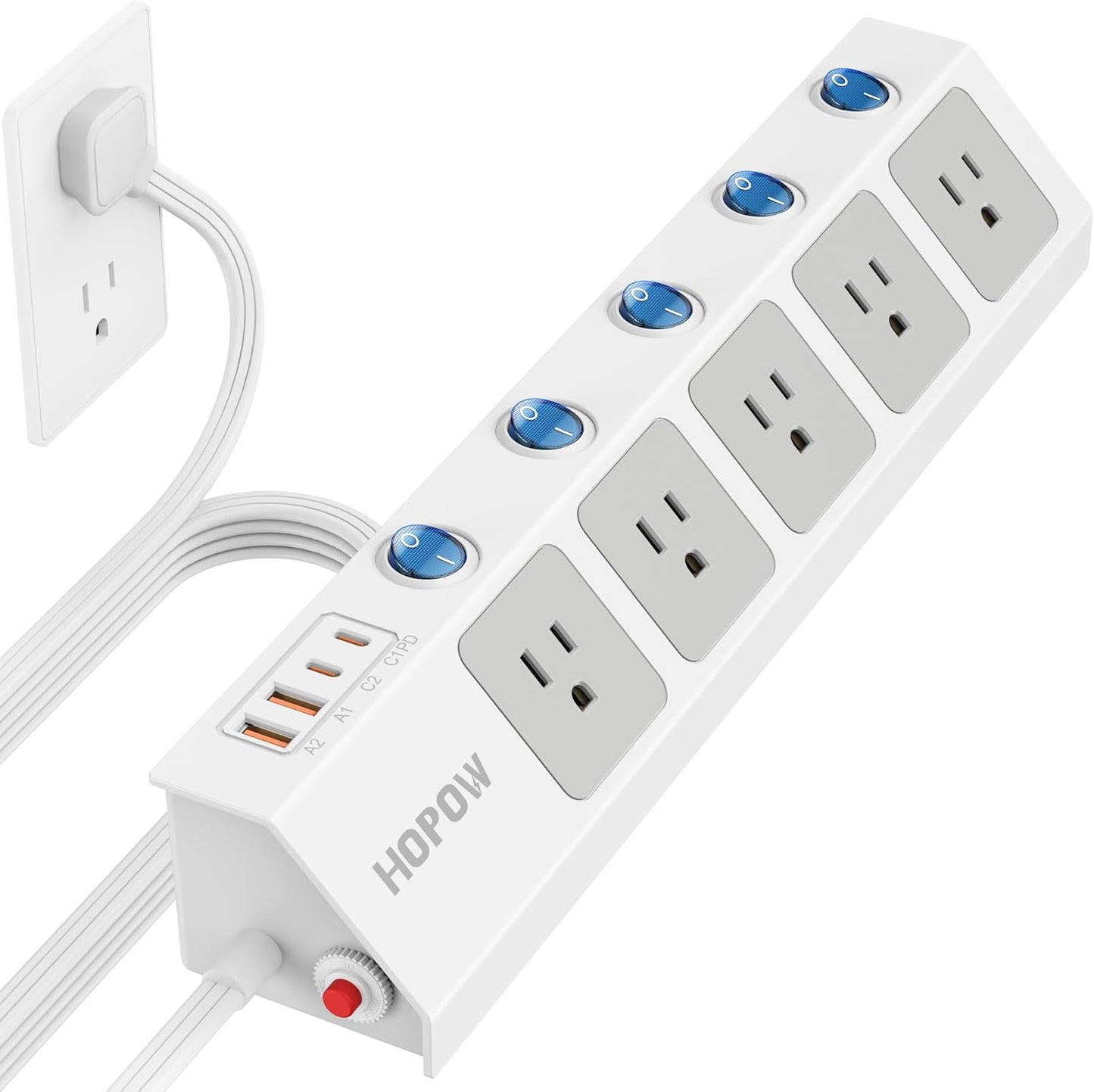 HOPOW Surge Protector Power Strip - Ultra Thin Design, Individual Switches, USB-C PD, USB-A, 1700 Joules