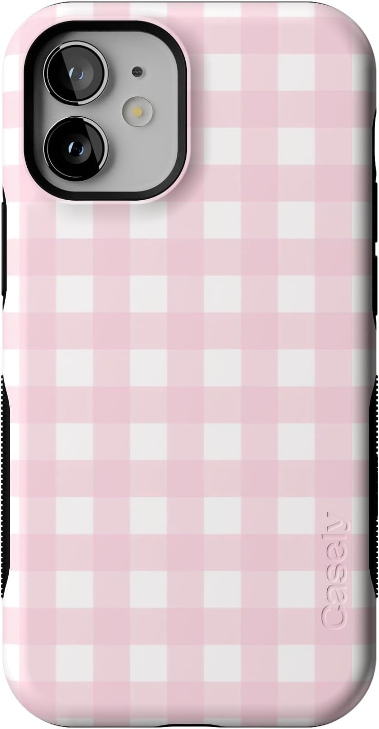 Bold Protective iPhone 12 Mini Case in Pink Plaid Design