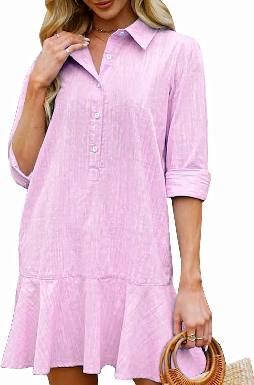 Womens Tunic Shirt Mini Dress Long Sleeve Cotton Chic Style