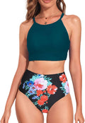 Women's High Neck Tropical Leaf Print High Waisted Bikini Set